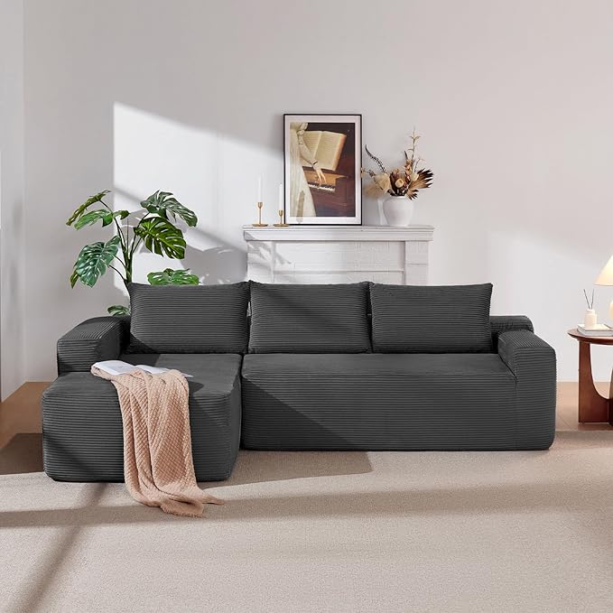 97" Cloud Sectional Couch,Modern Modular Sectional Sofa with Deep Seat,Corduroy Boneless Couches with L-Shape Chaise for Living Room Bedroom,No Assembly Required (Grey, 97" Left Facing Chaise)
