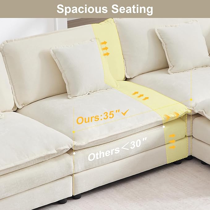 Modular Sectional Sofa with Ottoman: 76.7" Modern L Shaped Sectionals Cloud Couch, Comfy Couch Loveseat, 3 Seat Chenille Deep Seat Sofa with Pillow for Living Room,Bedroom Apartment,Small Spaces-Beige