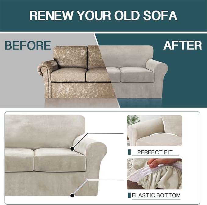 FantasDecor 2 Piece Chair Sofa Covers Velvet for Living Room Slipcovers with Individual Cushion Elastic Furniture Protector for Pets, Machine Washable (Armchair, French Oak)