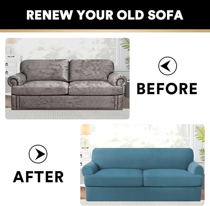 PrinceDeco T Cushion Sofa Slipcover 3 Pieces Sofa Covers for T Cushion Couch Soft Couch Covers Sofa Slip Cover Furniture Covers with 2 Individual T Shape Seat Covers (70"-88"), Storm Blue