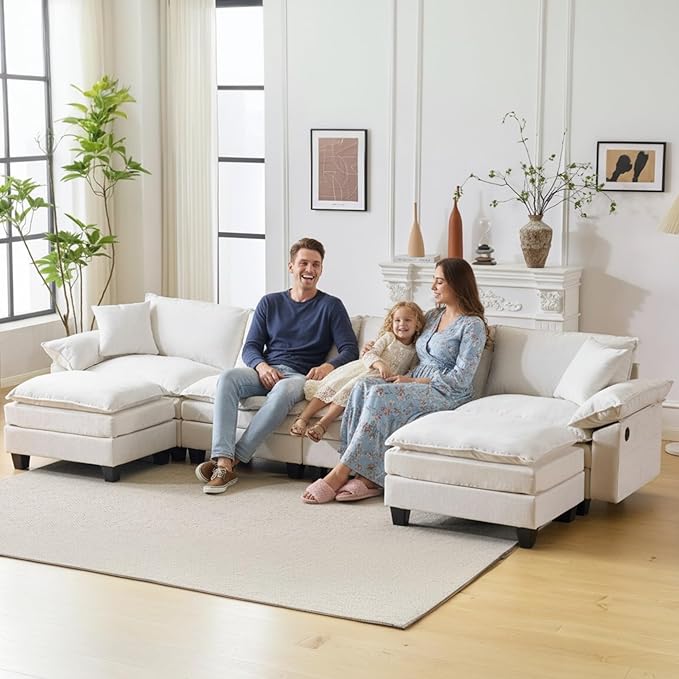 138" Modular Sectional Couch, U Shaped Comfy Cloud Couch with Ottoman and Throw Pillows, Modern Chenille Sofa Sleeper Deep Seat Sofa Couched for Living Room,Apartment(Beige)