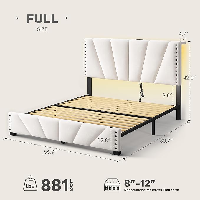 EnHomee Full Size Bed Frame, Velvet Bed Frame with Headboard and Led Light, Platform Bed Frame for Bedroom Apartment, Dorm, Noise-Free, Easy Assembly, Beige
