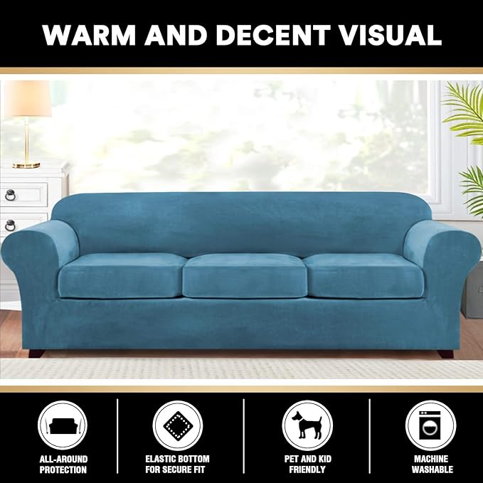 PrinceDeco Velvet XL Couch Cover for Oversized Sofa 4 Piece Sofa Covers for 3 Cushion Couch Washable Furniture Protector with Non Slip Elastic Bottom Width Up to 97 Inch(X-Large, Blue)