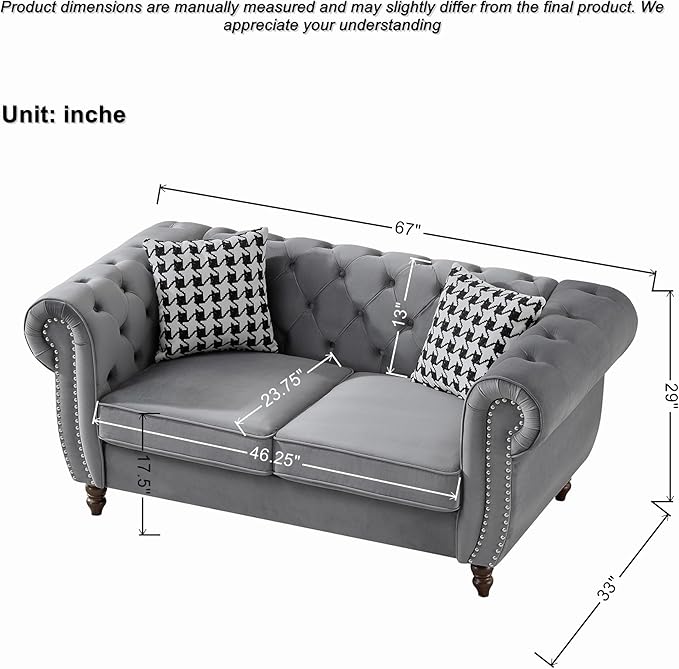 Comfortable Straight-Row Sofa with 2 Pillows,67" Refined Velvet 2 Seat Sofa with Roll Armrest & Nailhead,Sturdy Structure Upholstered Loveseat Couch for Apartment,Office,Reception Area,Grey