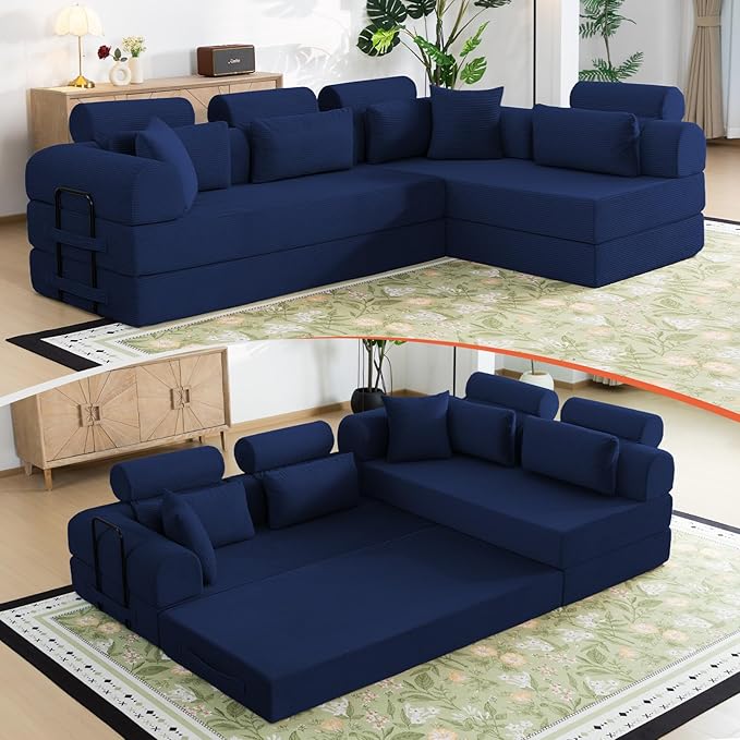 106" L-Shaped Modular Boneless Couch, 2-Piece System (2×70.87"), Convertible Sectional to 141.7" Straight Sofa, Corduroy Couch in a Box, Headrest & Back Pillows for Living Room, Navy Blue