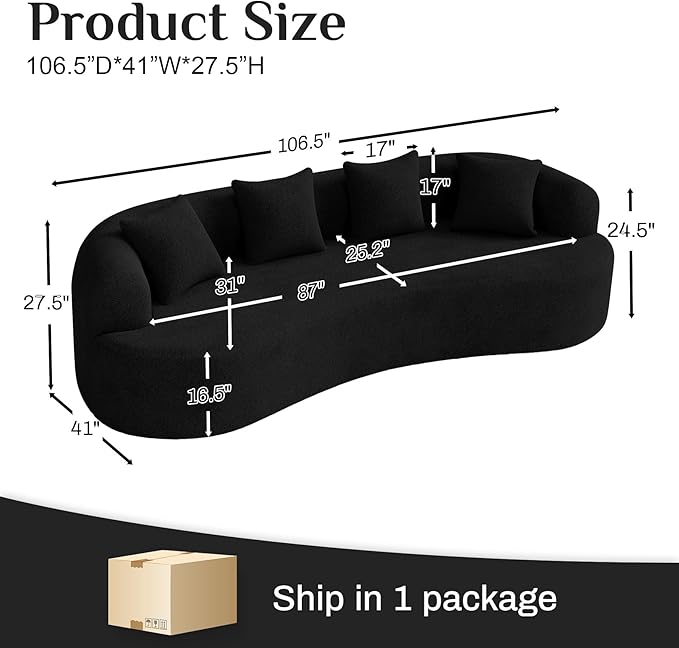 107" Curved Sofa for Living Room, Modern Chenille Cloud Couch Sofa, Luxury Plush Extra Deep 4-Seater Oversized Boucle Couch for Small Spaces, Apartment‌, No Assembly Required, Black