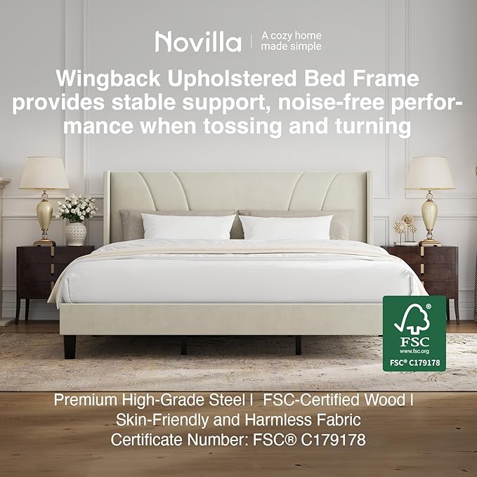 Novilla King Size Bed Frame, King Bed Frame with Headboard, Velvet Upholstered Wing Side Headboard, No Box Spring Needed, Heavy Duty Feet, Easy Assembly, White Velvet