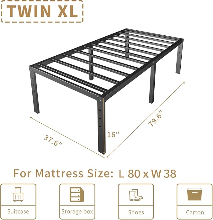 HOBINCHE 16 Inch Twin XL Size Bed Frame - No Box Spring Needed Heavy Duty Black Metal Platform Mattress Foundation, Non-Slip Noise Free Easy Assembly Bedframes with Cleance Storage