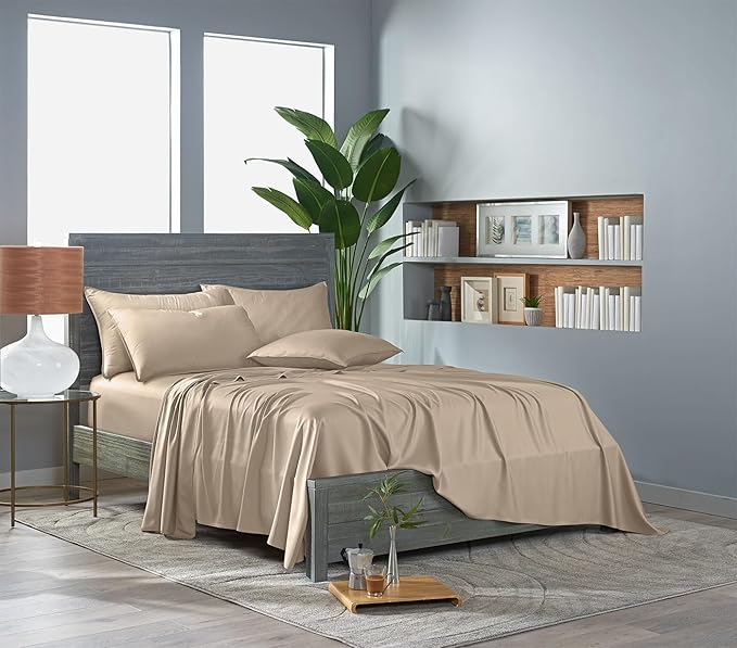 Pure Bamboo Split King Sheets, Genuine 100% Organic Viscose Derived from Bamboo Bed Sheet Set, Soft & Cooling, Double Stitching, 2 Fitted Sheets (Split King, Almond)