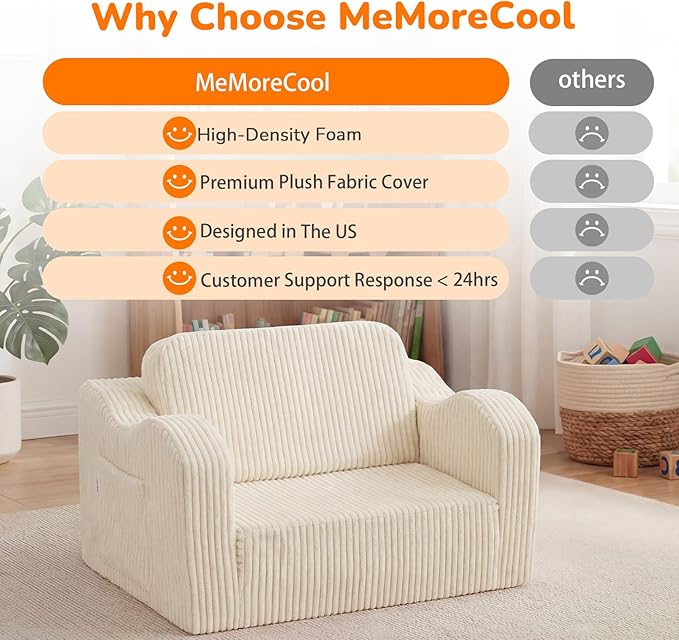 MeMoreCool Toddler Couch Fold Out – 2-in-1 Convertible Kids Sofa Bed with Soft Corduroy Cover, High-Density Foam Toddler Chair for Ages 1–3, Foldable Floor Lounger with Machine-Washable Cover, Beige
