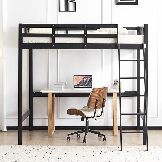 VINGLI Loft Bed Full Size with 15 inches Guardrail/USB Charging Station/LED, Solid Wood Double High Sleeper with Flat Rungs for Kids/Teens/Adults,No Box Spring Needed, Black