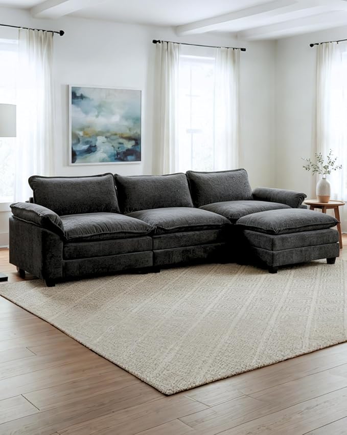 Karl home Sectional Sofa Modular Deep Seat Sofa Couch with Ottoman, Chenille Sofa Sleeper Comfy Upholstered Furniture for Living Room, Apartment, Studio, Office, (3-Seat & 1-Ottoman, Black)