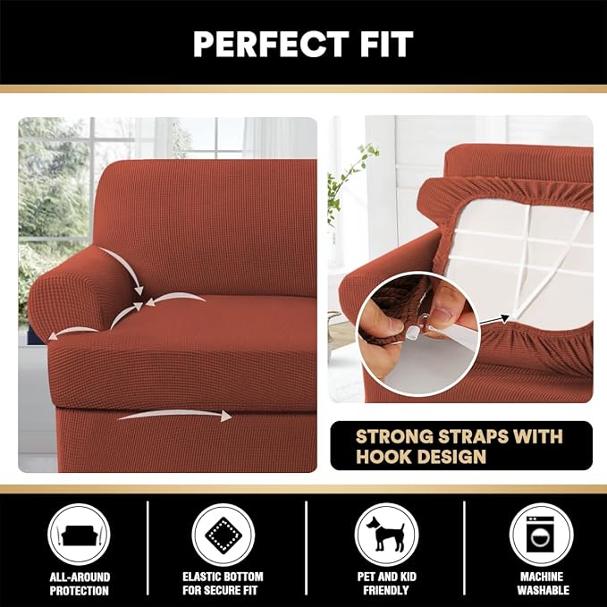 PrinceDeco T Cushion Sofa Slipcover 4 Pieces Sofa Covers for T Cushion Couch Soft Sofa Slip Covers Furniture Protector with 3 Individual T Shape Seat Covers Width Up to 88", Rust