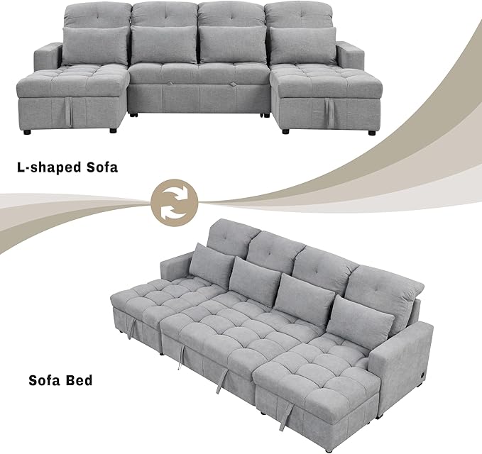 Harper & Bright Designs 110.2" Oversized U-Shaped Sofa Versatile Sectional Sofa Pull-Out Sofa Bed with Double Storage Chaise Lounges and Two USB Ports for Living Room,Gray