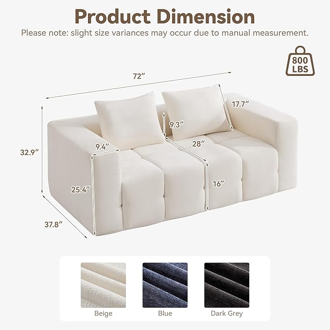 72" Loveseat Boneless Couch, Cloud Sectional Couch with Deep Seat, High-Density Memory Foam and Chaise, Love Seat Sofa, Boneless Couches for Living Room, No Assembly Required Tufted Sofa, Beige