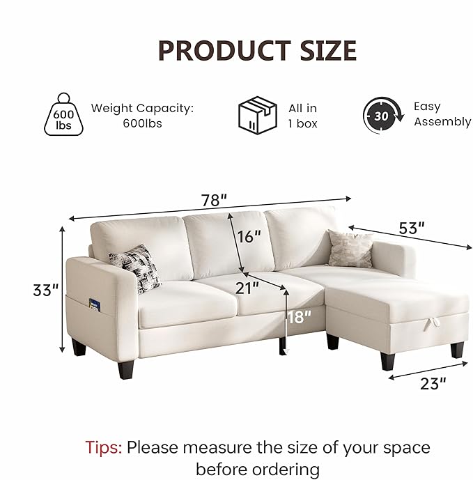 Sectional Sofa and Couches for Living Room, 78'' Beige 3 Seat L-Shaped Couch with Movable Ottoman, Comfy Linen Convertible Sectionals Sofas with Chaise for Apartment, Dorm, Small Space