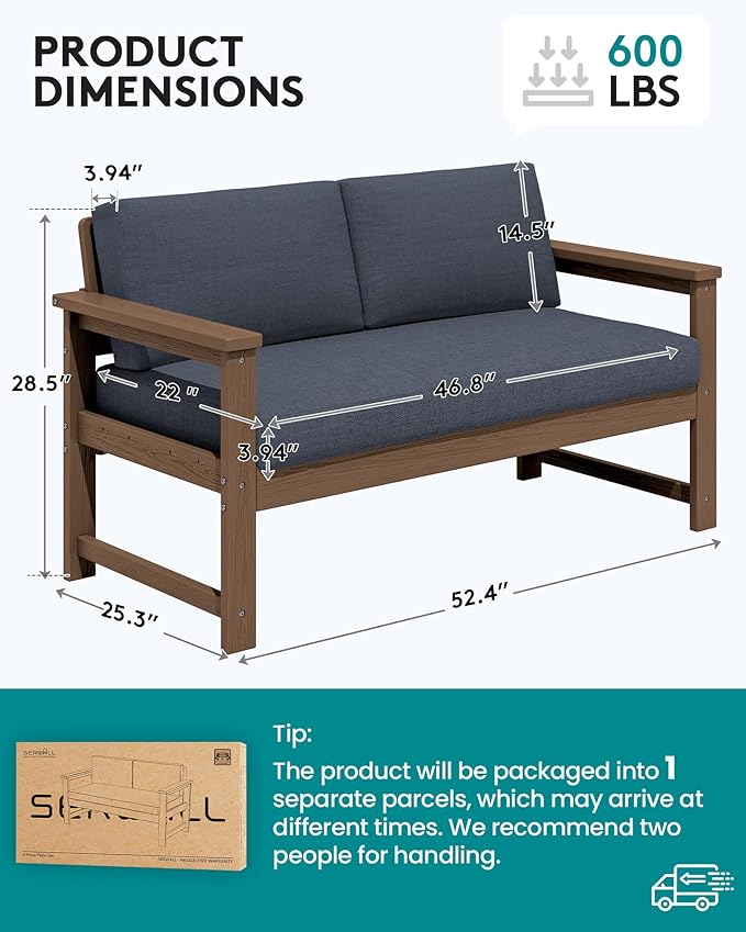 SERWALL HDPE Outdoor Loveseat with Cushions, All Weather Use Outdoor Loveseat Sofa, Brown Frame/Grey Cushion
