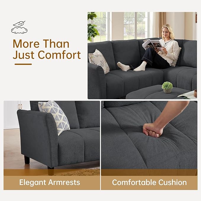 103" Convertible Sectional Sofa with Long Ottoman, Modern Upholstered Fabric L-Shaped Couch with Back Cushions, 6 Seat Sofa Couches for Living Room, Apartment, Office, Dark Grey