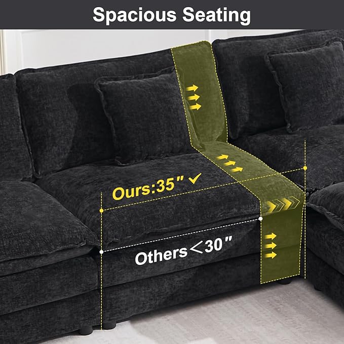 111.5" Modular Sectional Sofa, Large L Shaped Sectionals Cloud Couch, Big Comfy 3-Seat Couch with Ottoman, 4 Seater Chenille Sectional Sofa with Deep Seat and 5 Pillows for Living Room- Black