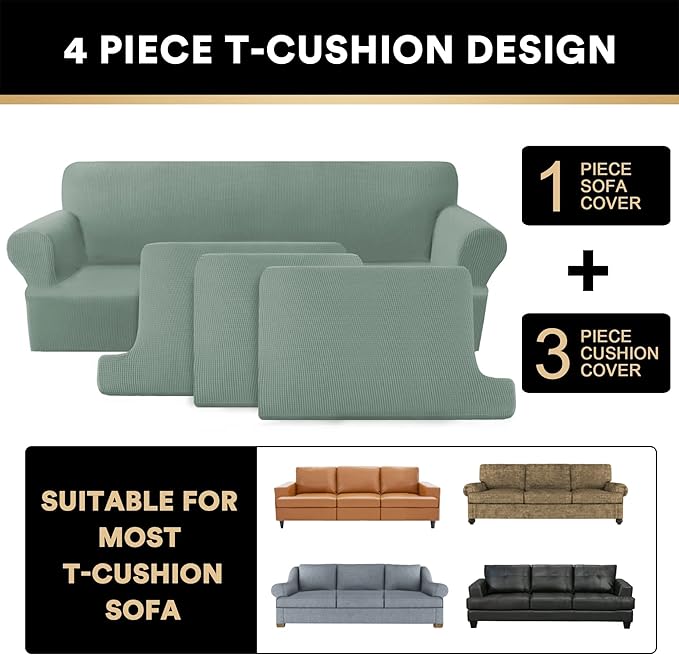 PrinceDeco T Cushion Sofa Slipcover 4 Pieces Sofa Covers for T Cushion Couch Soft Sofa Slip Covers Furniture Protector with 3 Individual T Shape Seat Covers Width Up to 88" Machine Washable, Sage