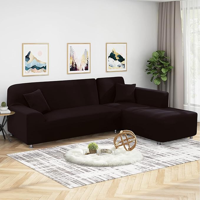 KinCam Sectional Couch Covers L Shape Sofa Covers Super Stretch 2pcs Sofa Slipcovers for 3 + 3 Seaters Sectional Chaise Slipcover with 2pcs Pillow Covers for Pets Kids, Brown