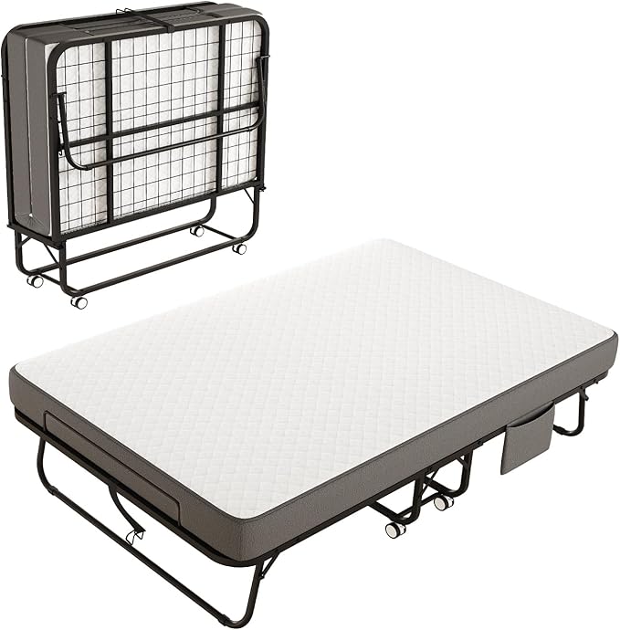 Folding Bed with Mattress for Adults, 75" x 45" XL Twin Rollaway Bed with Memory Foam Mattress, Portable Foldable Guest Bed with Metal Frame, Deluxe Extra Bed with Side Storage Pocket