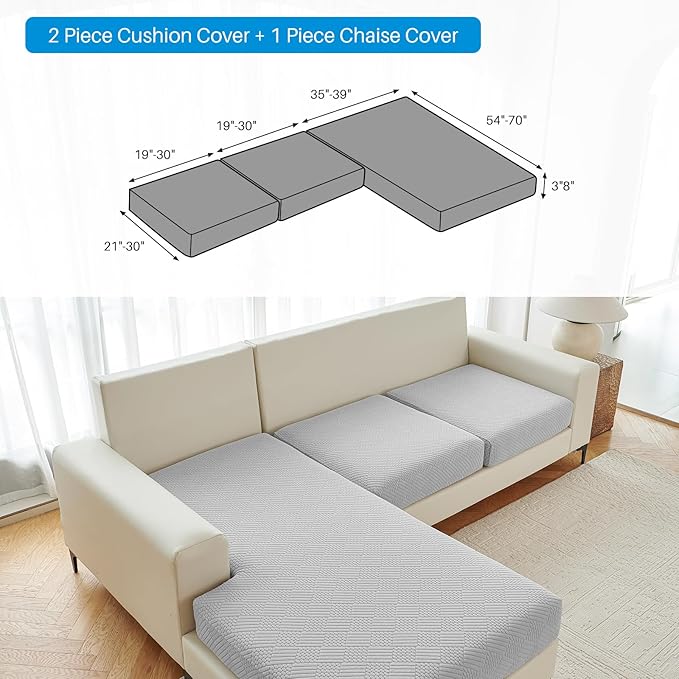 Deep Dream Sectional Couch Covers 3 Pieces, Couch Cushion Covers L Shape Couch Cover Stretch Sofa Slipcover for Left/Right Chaise Sectional Couch (2 Seater + 1 Chaise, Light Grey)