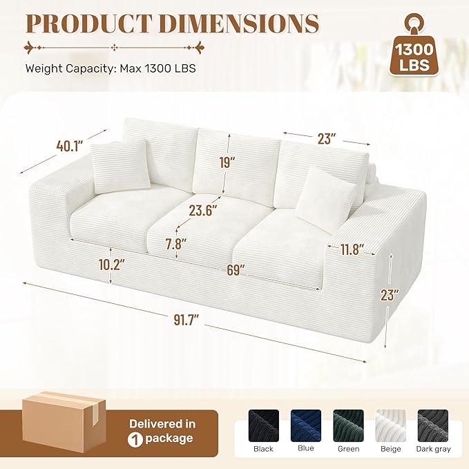 91.7" Boneless Sofa Couch with Layered Cushion,3 Seater Cloud Couch with Deep Seat,Upholstered Corduroy Floor Sofa with Removable Cover &Throw Pillows for Living Room,No Assembly, Beige