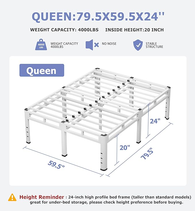 NKZ 24 Inch Queen Size Bed Frame, Metal Bed Frame & Box Spring 2 in 1 Platform with Round Corner Legs, 4000Lbs Heavy Duty Metal Frame, Mattress Slide Stopper, Headboard Hole, Noise-Free, Easy Assembly