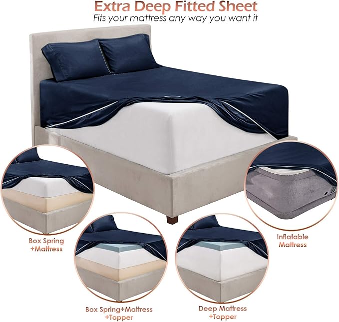 Hearth & Harbor Extra Deep Pocket Sheets - Fits Mattress 18-24 Inches Deep - Extra Deep Pocket Twin XL Sheets Sets - 4 Piece Twin XL Size - Navy Blue