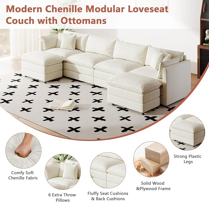 Setawix Deep 4 Seater Couch with Ottomans,147.22" U-Shaped Cloud Couches for Living Room,Chenille Cloud Sofa Couch with Foorest,Modular Sectional U Shape 4 Seat Sofa for Bedroom (Beige, 4+2)
