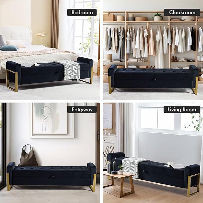 67" End of Bed Storage Bench King Size, Velvet Storage Bench for Bedroom Foot of Bed, Upholstered Storage Ottoman Bench with Gold Legs for Window Living Room Entryway, Black