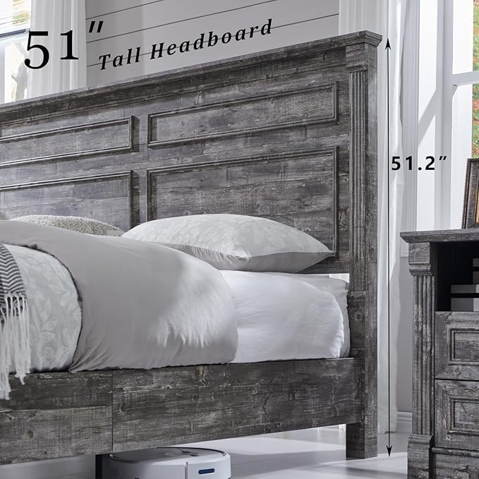 Aitjunz Farmhouse King Size Bed Frame with 51" Tall Headboard, Wood Platform Bed Frame with 20" Tall Roman Column Decoration Footboard & 3 Large Storage Drawers, No Box Spring Needed (Light Grey)