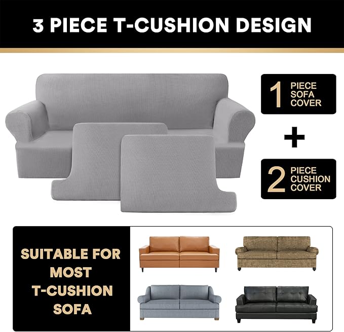 PrinceDeco T Cushion Loveseat Slipcover 3 Pieces Sofa Covers for T Cushion Sofa Stretch Slip Covers for 2 Cushion Couch with 2 Individual T Shape Seat Covers Width Up to 76"- Washable, Dove