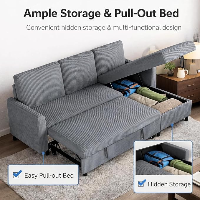 JAMFLY Pull Out Sleeper Sofa Bed with Storage Chaise, L-Shaped Corduroy Sectional Couch, 3-Seater Convertible Sofa with Hidden Storage for Small Living Room, Apartment, Office, Grey