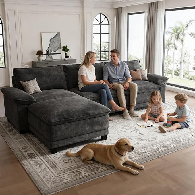 Modern L Shaped Sofa Couches for Living Room, Modular Sectional Cloud Couch with Movable Ottoman, Comfy Chenille Sofa for Apartment and Small Space, Black