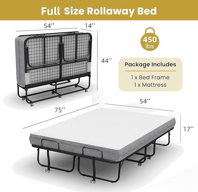 Espsilto Full Size Folding Bed with Mattress - Extra Large Size 75''x54'' Foldable Rollaway Bed for Guest, Space Saving Fold Up for Easy Storage
