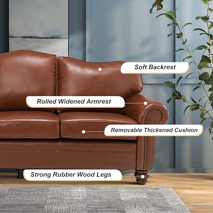 HULALA Home 81'' Genuine Leather Sofa with Nailhead Trim and Rolled Armrests, Mid-Century Modern Living Room 3-Seater Couch, Brown Couch with Removable Cushion for Bedroom Apartment