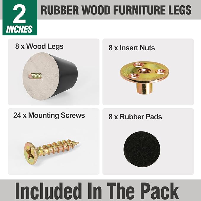 FoDau770 Black Rubber Wood Furniture Legs 2 Inches, Straight Tapered Wood Feet Mid Century Sofa Legs Set of 8, 5/16" UNC Furniture Feet for Cabinet Couch Dresser Chair Ottoman Table