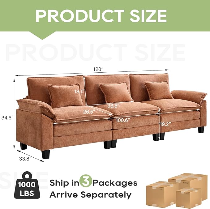 120" Modular Sectional Sofa, Comfy Cloud Couch Sectional, Chenille Sofa Sleeper Deep Seat Sofa with Throw Pillows for Living Room (Orange, 120"- 3 Seater)