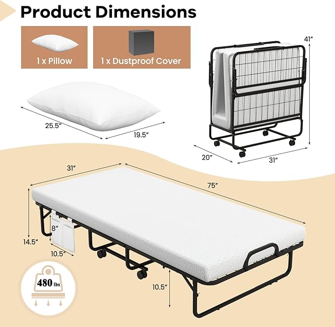 Giantex Folding Bed with Mattress and Top Pillow, Cot Portable Guest Bed w/Metal Frame, Storage Pocket & Cover, Space-Saving Rollaway Bed with Memory Foam Mattress for Adults, 75" x 31"