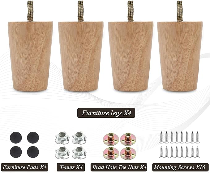 4pcs 3.1 Inch Wood Furniture Legs, Straight Conical Solid Wood Sofa Legs, Mid-Century Style Furniture Feet for Sofa Cabinet Table Cupboard Couch Ottoman Home DIY Projects