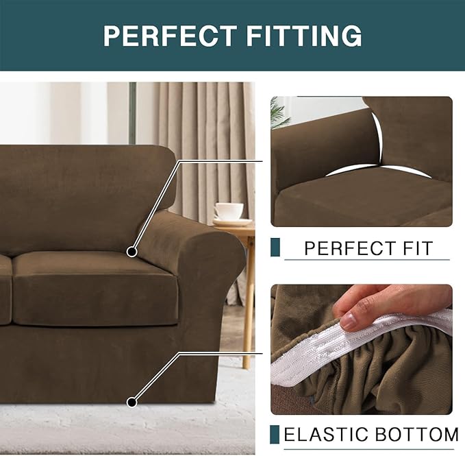 FantasDecor 4 Piece Sofa Velvet Couch Covers for 3 Cushion Stretch Slipcover with Individual Seat Cushion Elastic Furniture Protector for Pets, Machine Washable (Large Sofa, Bronze Brown)