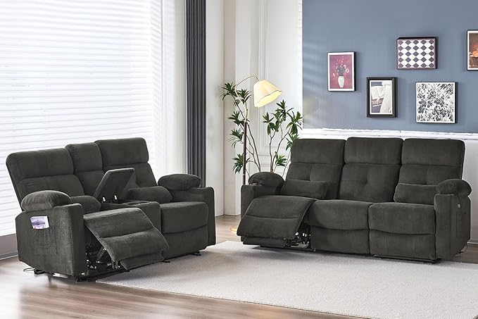 Power Reclining Sofa Set, 2 Pieces Reclining Living Room Set, Power Reclining Sofa and Loveseat Set, Recliner Sofa Set with Massage/Storage/Cup Houlder/USB Port for Living Room