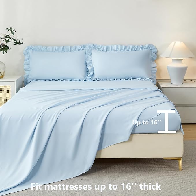 ANGIYUIN 5Pcs Queen Ruffle Comforter Sets Light Blue Double-Layer Ruffled Bedding Sets Vintage Farmhouse Bed Sets Solid Elegance Ruched Bed in A Bag for Women(Light Blue Queen)