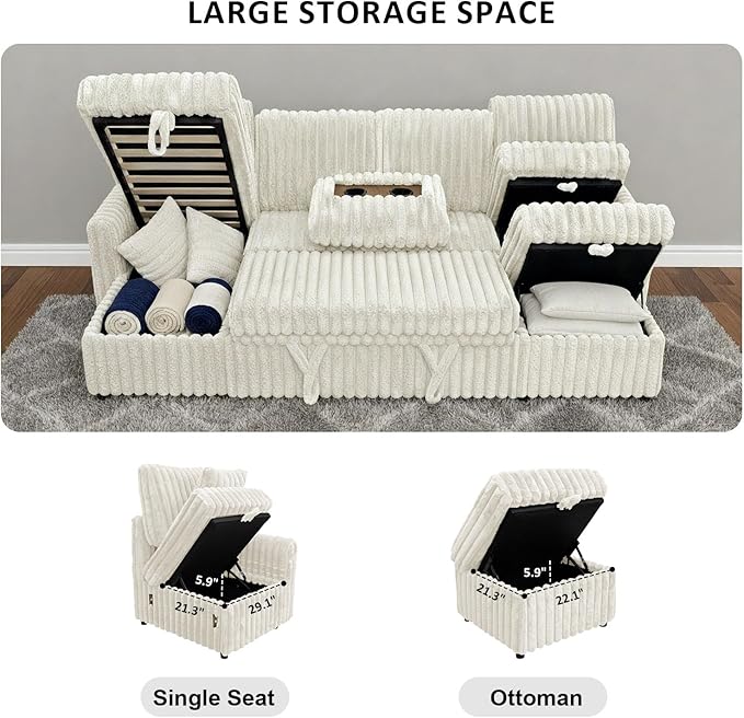 104" U Shaped Sleeper Sofa Bed, Sectional Couches for Living Room, Plush Corduroy Pull Out Couch Bed with Storage, Modular Sectional Couch with Charging Station, Cup Holder, Side Pocket, Beige