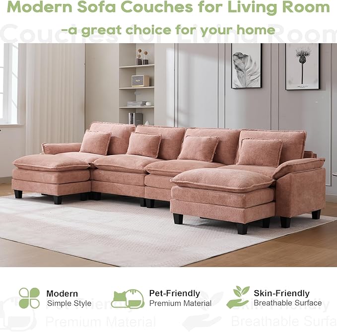 154" Modular Sectional Sofa, Comfy Cloud Couch Sectional Sofa with Ottoman, Chenille Sofa Sleeper Deep Seat Sofa with Throw Pillows for Living Room (Pink, 154"- U Shape)