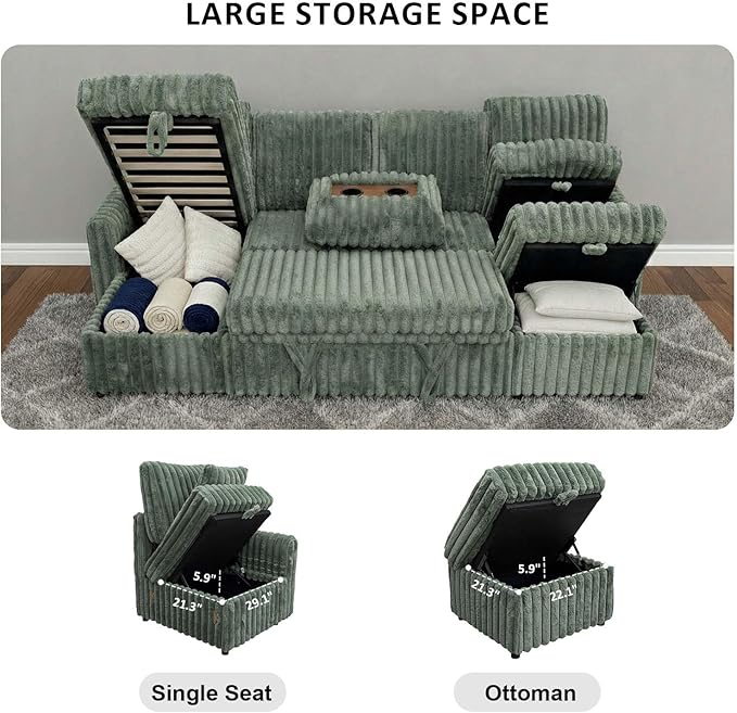 104" U Shaped Sleeper Sofa Bed, Sectional Couches for Living Room, Plush Corduroy Pull Out Couch Bed with Storage, Modular Sectional Couch with Charging Station, Cup Holder, Side Pocket, Green