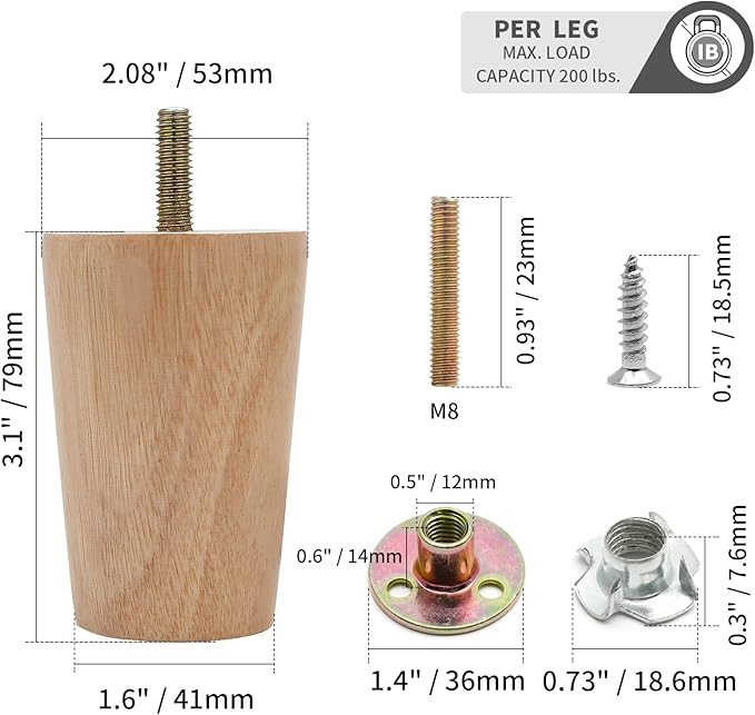 4pcs 3.1 Inch Wood Furniture Legs, Straight Conical Solid Wood Sofa Legs, Mid-Century Style Furniture Feet for Sofa Cabinet Table Cupboard Couch Ottoman Home DIY Projects