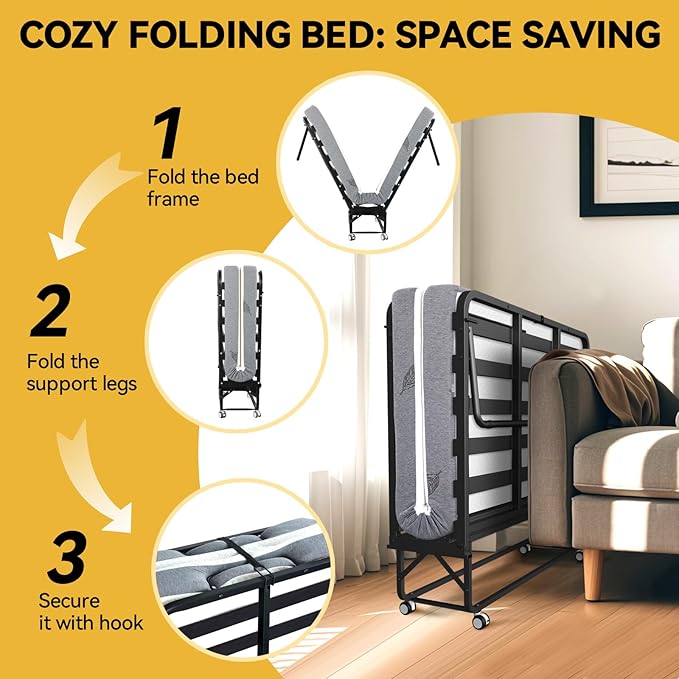 75" x 46" Folding Bed with Mattress for Adults, 5 Inch Memory Foam Mattress, Portable Foldable Rollaway Guest with Strong Metal & Wood Frame, Side Pocket